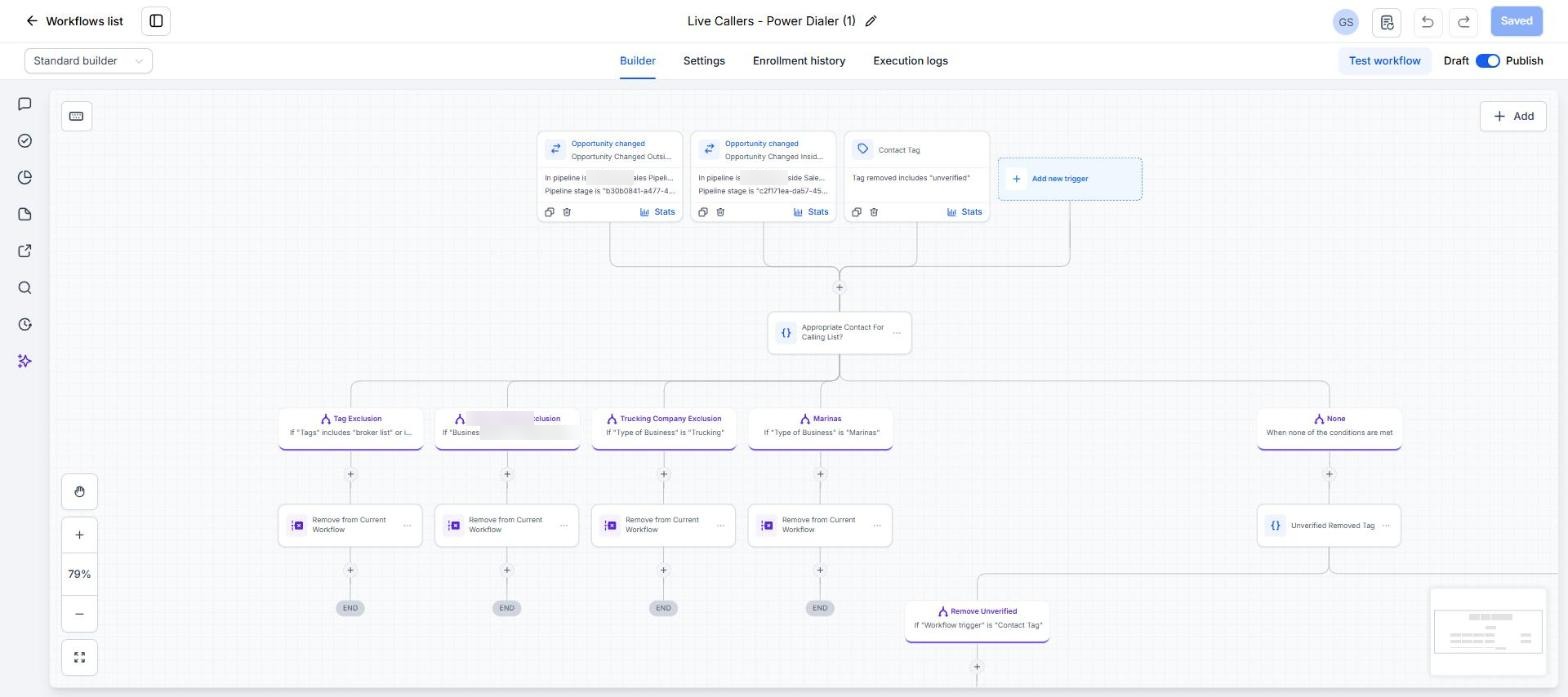 Power dialer triggers and the exclusion filter for broker lists, corporate chains, trucking and marinas
