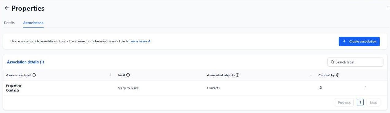 Properties object association settings: Properties to Contacts, many to many