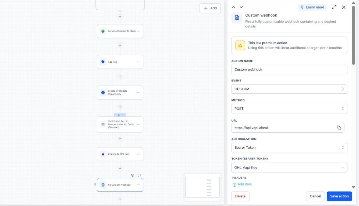 Custom webhook action configured to POST to the Vapi call API with bearer token