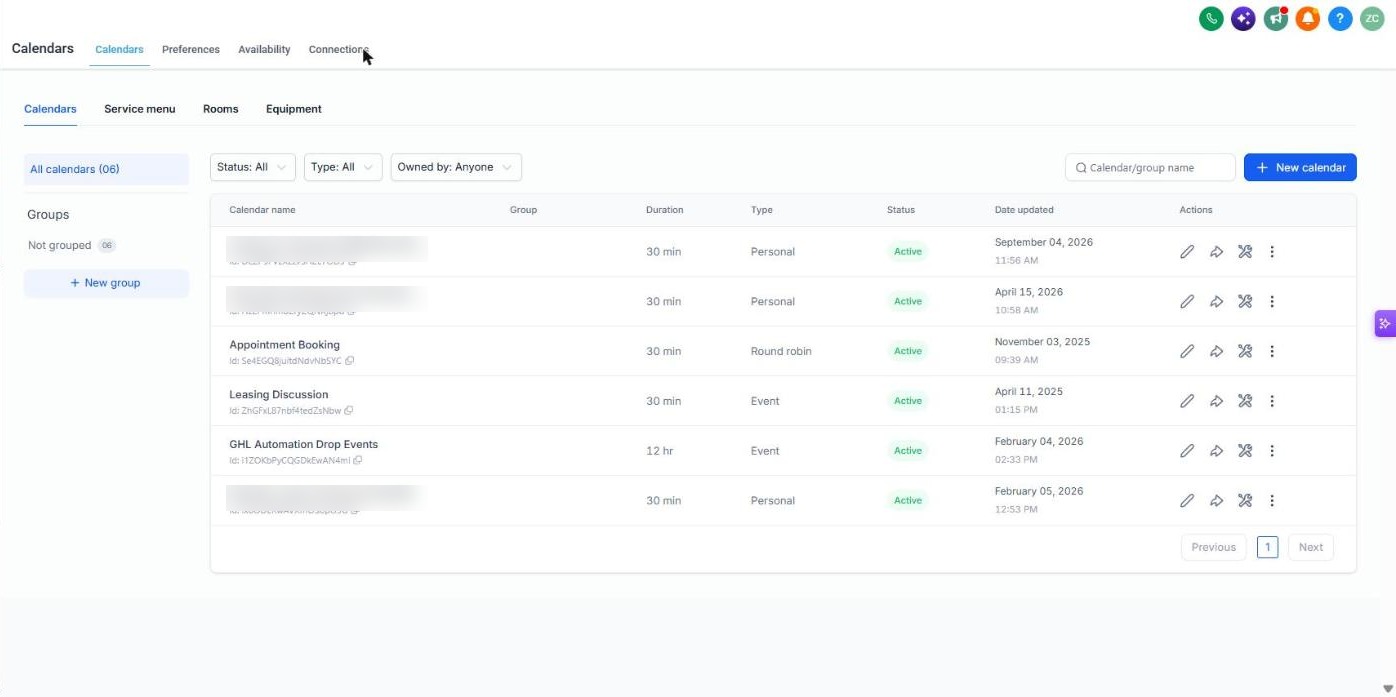 Six calendars: three personal calendars, round robin appointment booking, leasing discussion event, 12 hour automation drop events