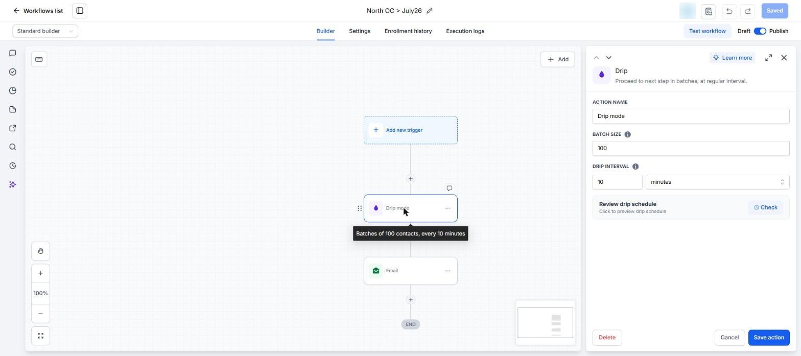 Drip action settings: batch size 100, drip interval 10 minutes, tooltip batches of 100 contacts every 10 minutes, then an email step