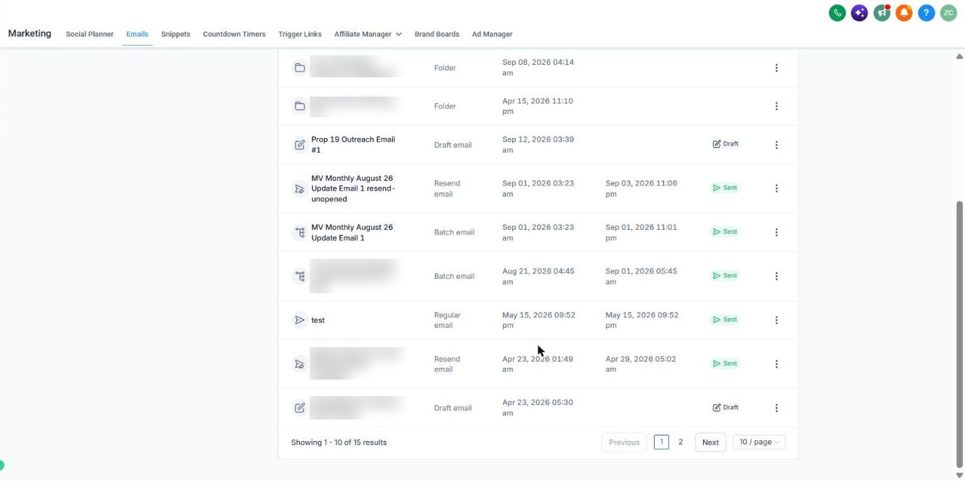 Email campaigns: Prop 19 outreach draft, monthly August update batch email sent and a resend to unopened, listing offerings sent as batch emails