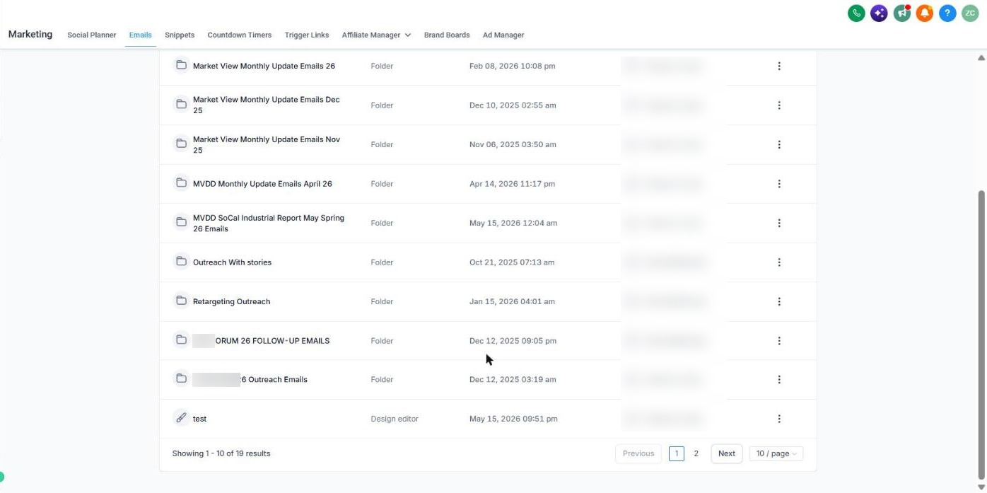 Email template folders: Market View monthly update emails for 2026, Dec 25 and Nov 25, MVDD monthly update, MVDD SoCal industrial report, outreach with stories, retargeting outreach, event follow-up and outreach