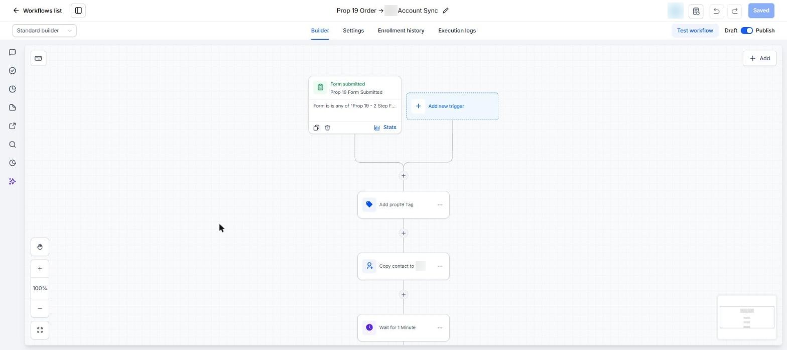 Prop 19 brand workflow: form submitted Prop 19 2-step form, add prop19 tag, copy contact to the main account, wait 1 minute