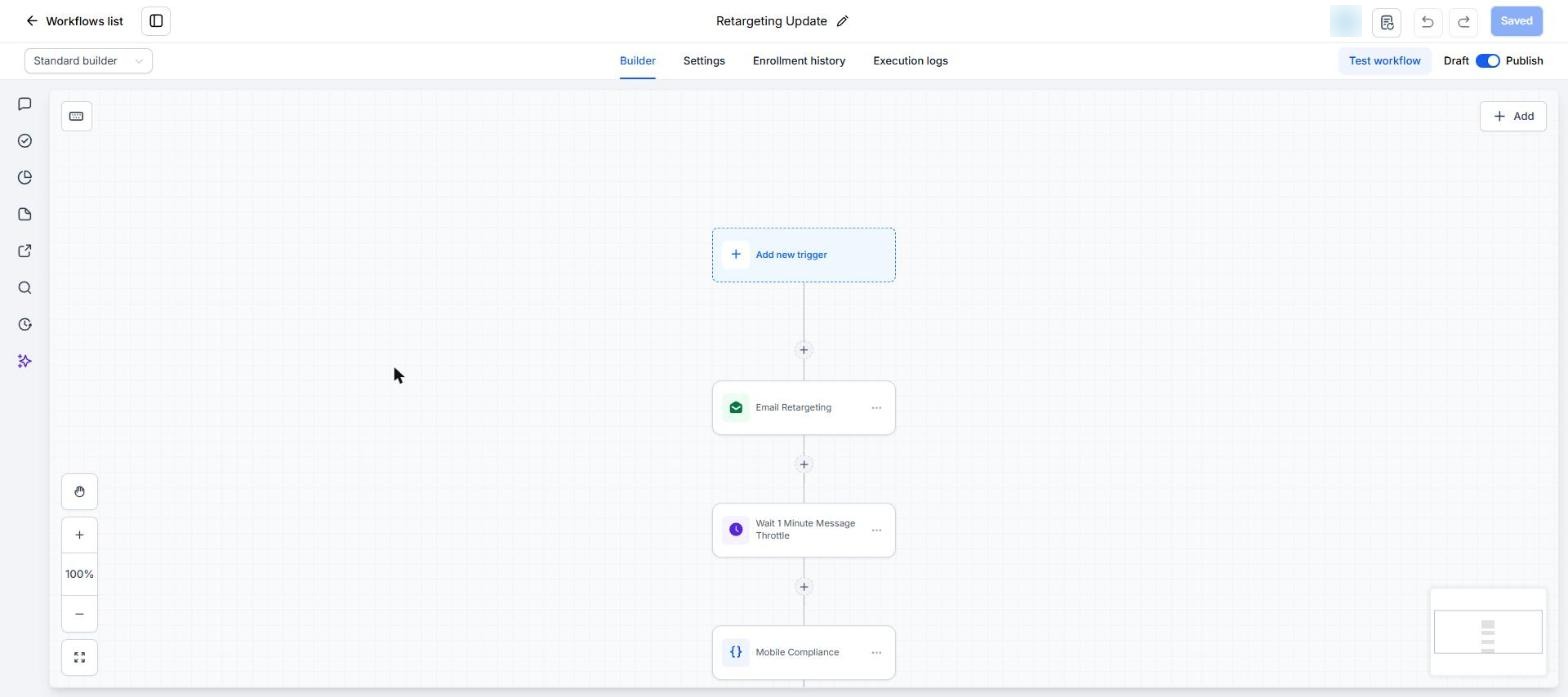 Retargeting update workflow: Email retargeting, Wait 1 minute message throttle, Mobile compliance condition