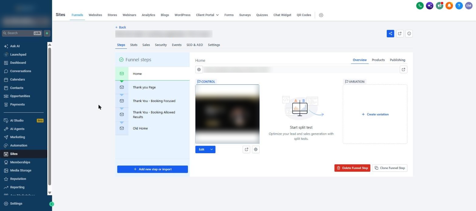 Paid ads application funnel steps: Home, Thank you page, Thank you booking focused, Thank you booking allowed results, Old home