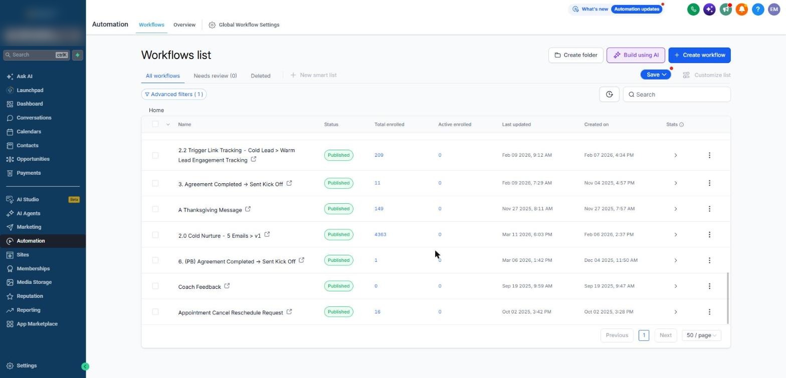 Published coaching workflows with enrollments: link tracking 209, agreement completed 11, Thanksgiving message 149, cold nurture 4363, appointment cancel reschedule 16