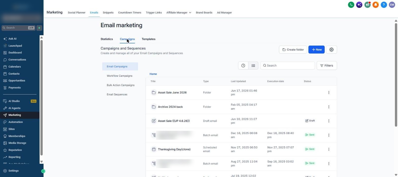 Email campaigns list with folders, a draft asset sale, batch emails sent and a scheduled holiday email