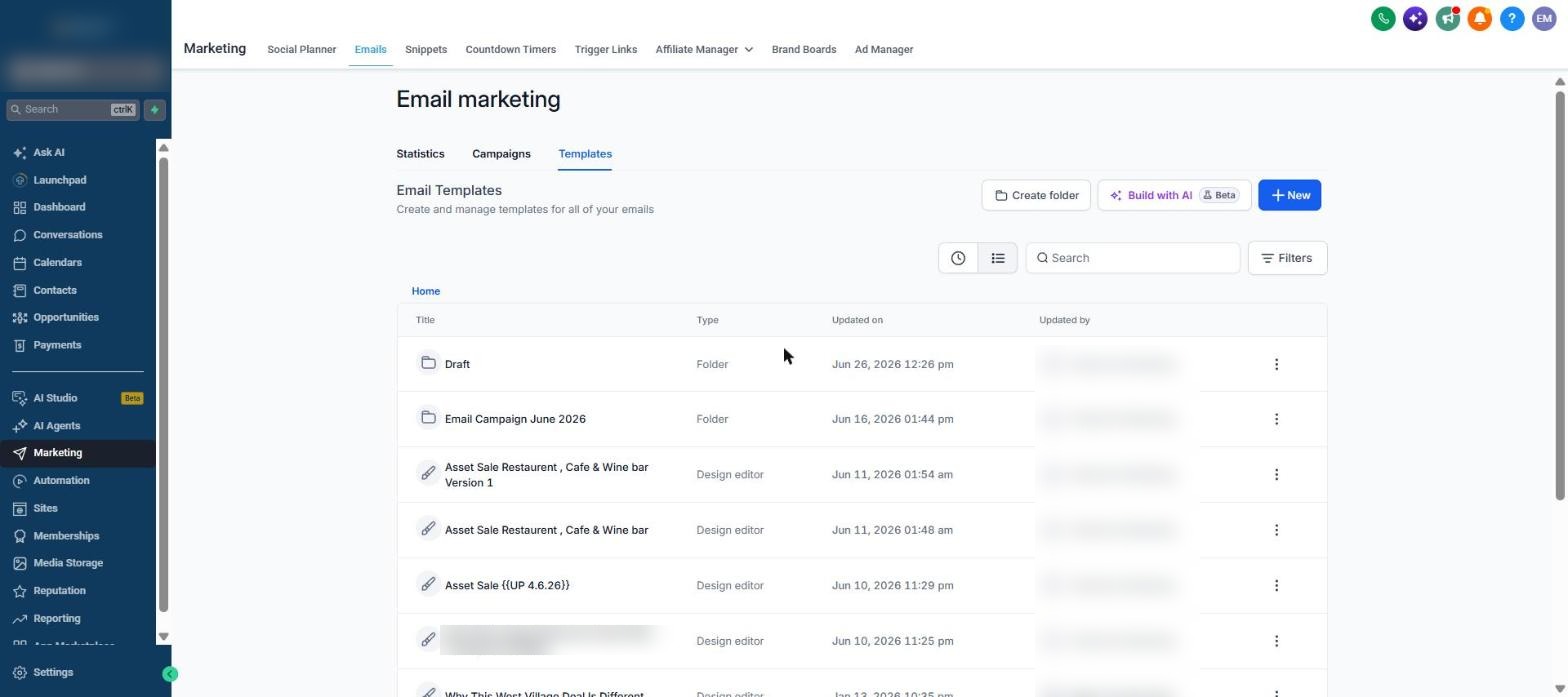 Email templates: Draft and Email Campaign June 2026 folders, Asset Sale Restaurant Cafe and Wine bar versions