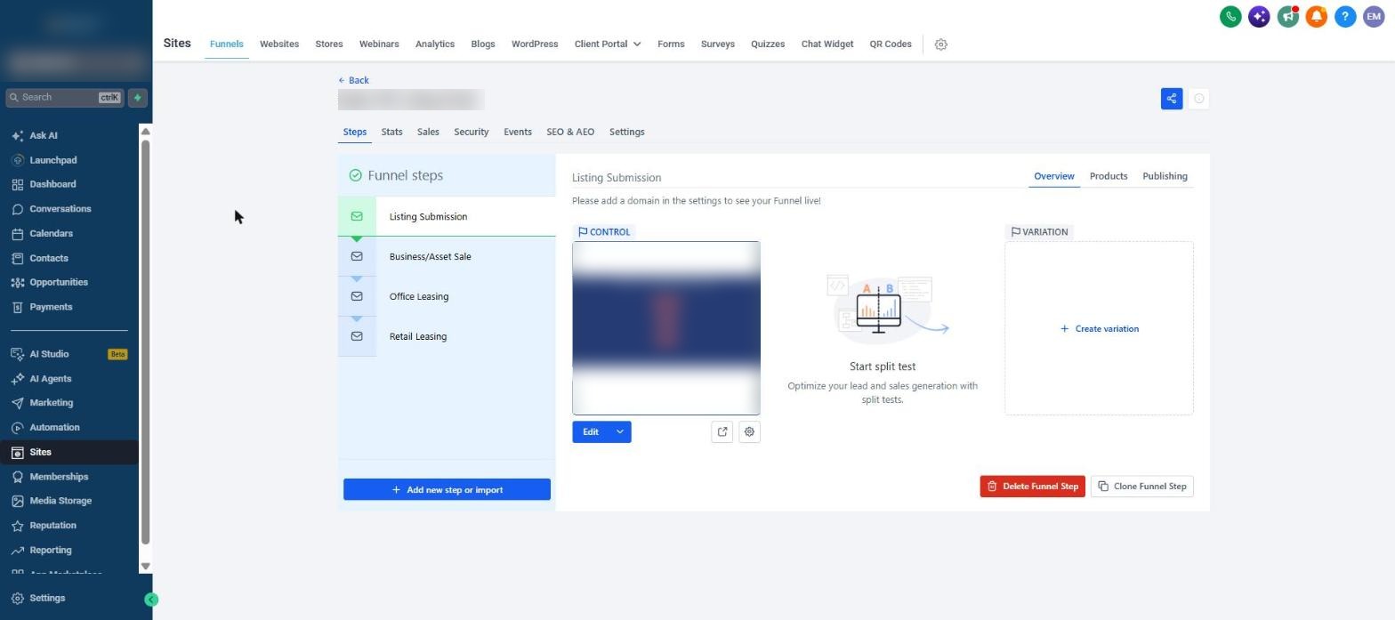 Listing portal funnel steps: Listing Submission, Business/Asset Sale, Office Leasing, Retail Leasing