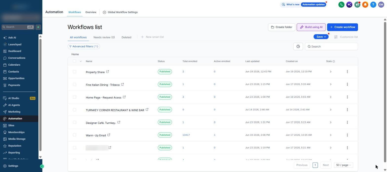 Published real estate workflows: property share, listing workflows, home page request access, warm-up email 10417