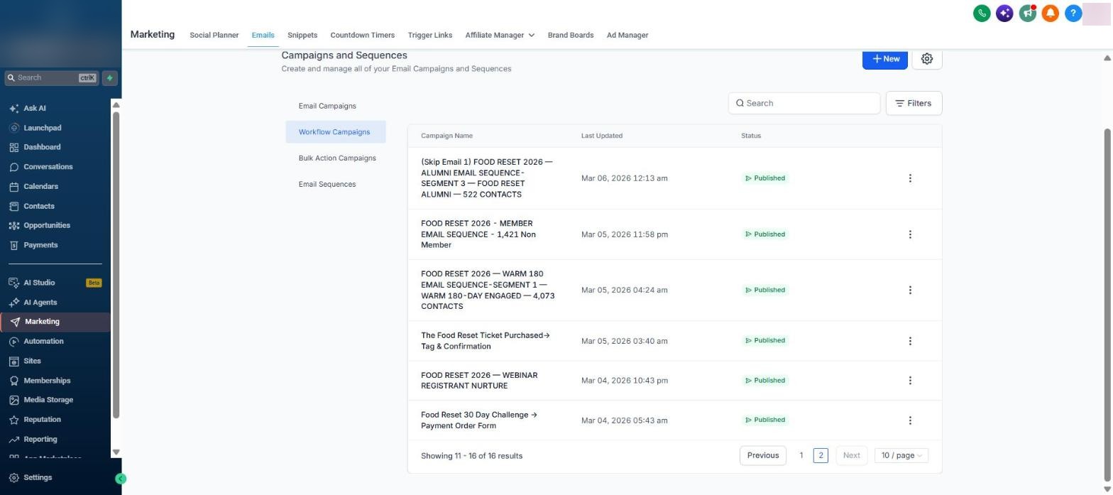 Workflow email campaigns page 2: alumni, member, warm 180, ticket purchased, webinar registrant nurture, payment order form