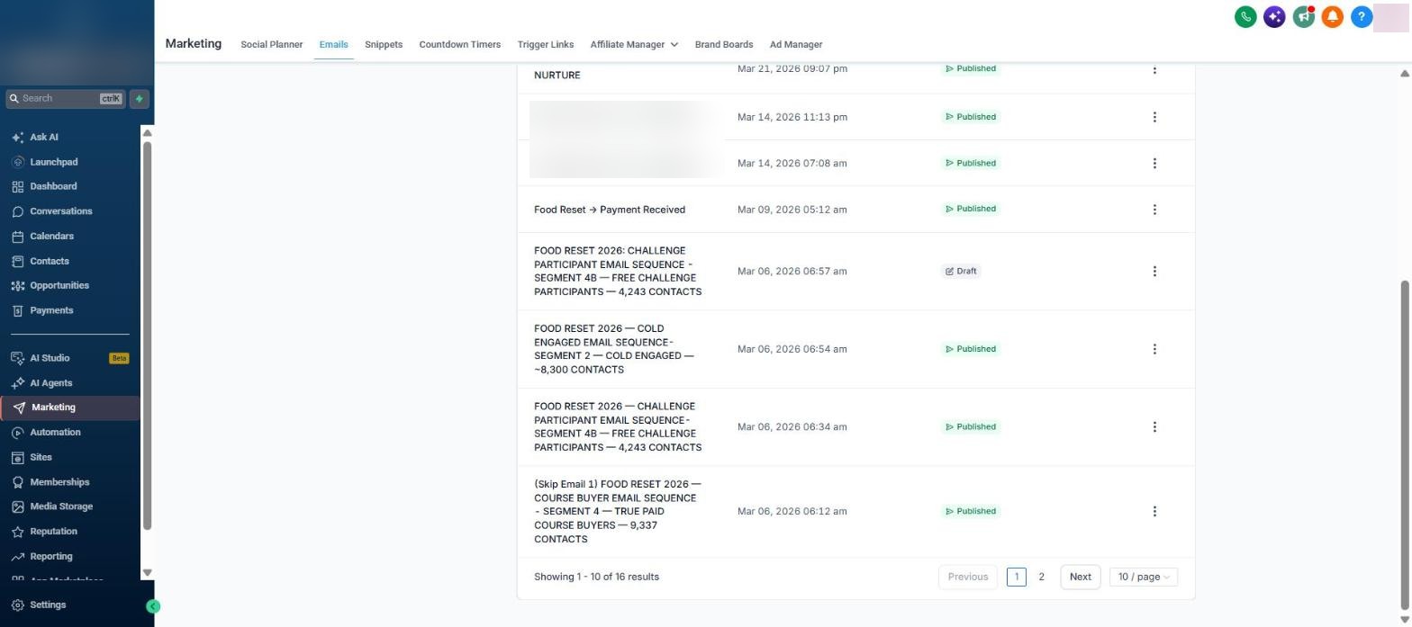 Workflow email campaigns list showing segment sequences and payment confirmation