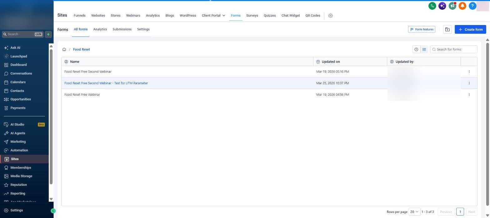 Forms folder: free webinar, free second webinar, UTM parameter test