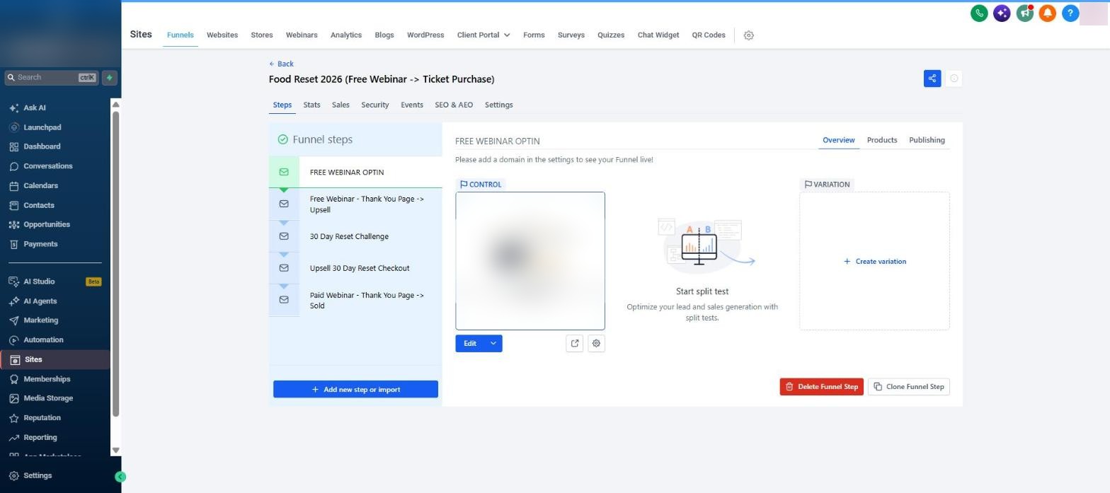 Funnel steps: free webinar opt-in, thank-you upsell, 30 day reset challenge, upsell checkout, paid thank-you