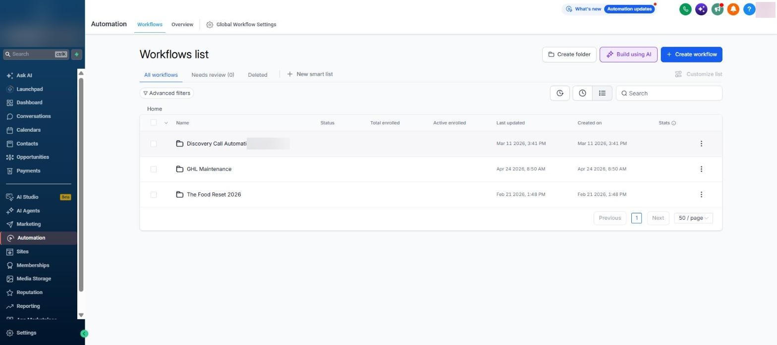 Workflow folders: discovery call automations, maintenance, launch folder