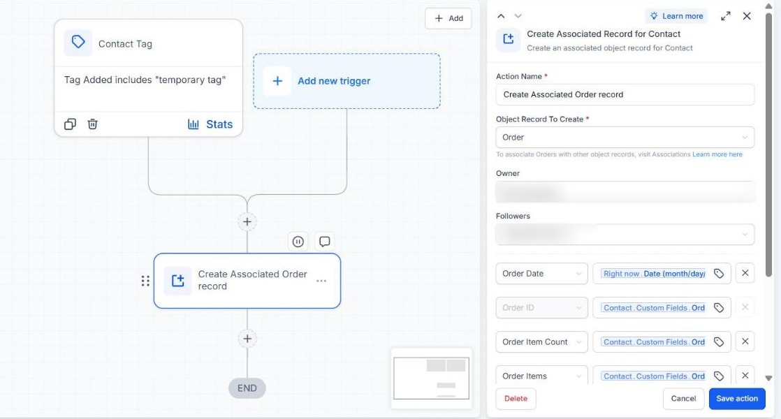 Workflow: temporary tag added triggers Create Associated Order record with field mapping