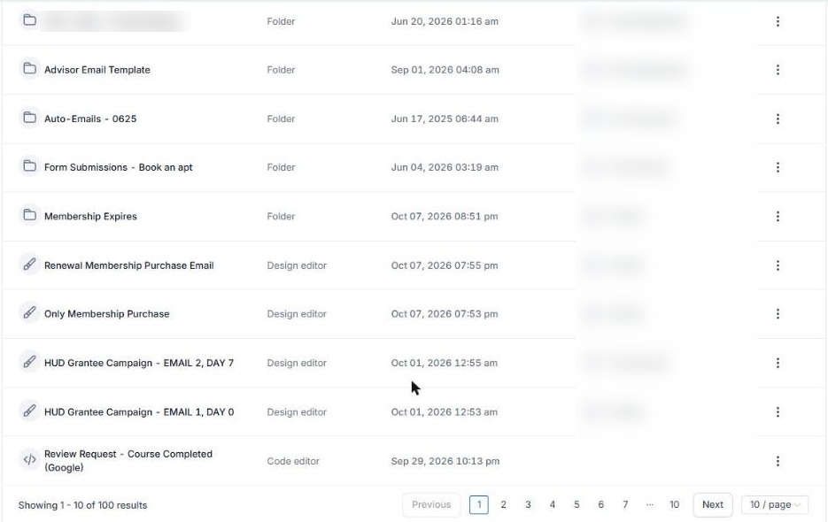Email template folders: advisor, auto-emails, form submissions, membership expires, B2B campaign, review request