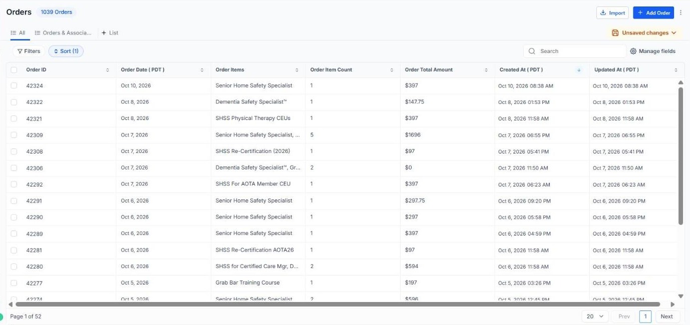 Orders custom object list with order ID, date, items, item count and total
