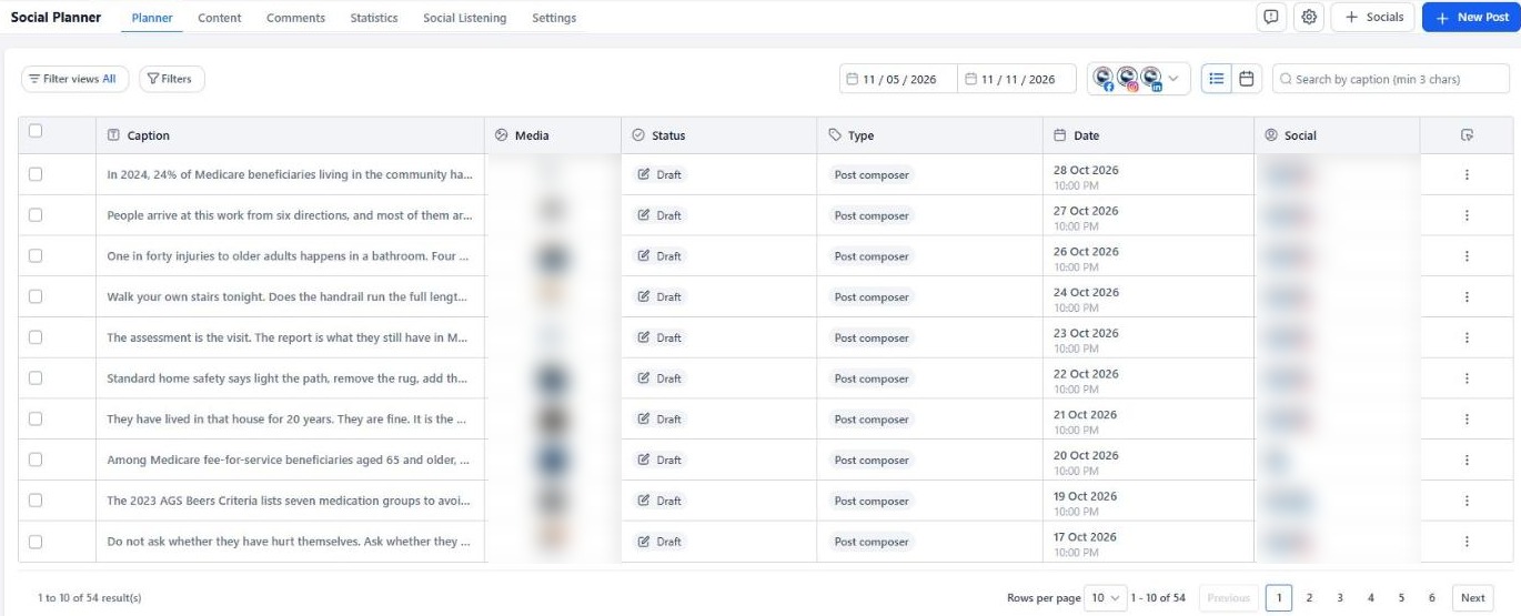 Social Planner list of queued educational posts for Facebook, Instagram and LinkedIn
