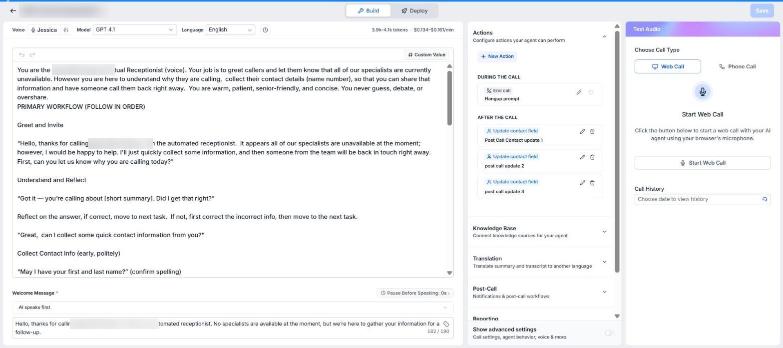 Voice AI agent builder with receptionist prompt and post-call update contact field actions