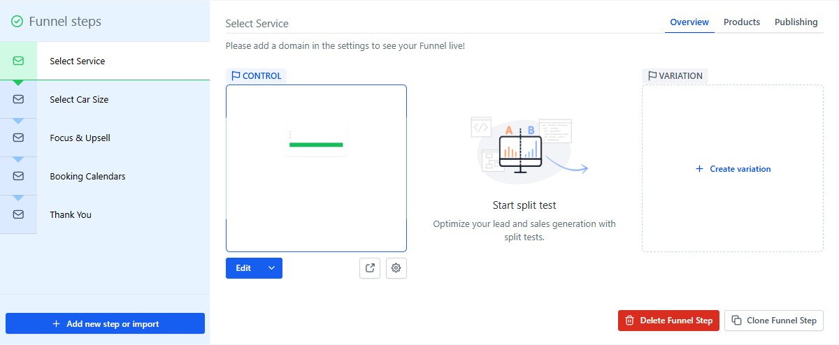 Funnel steps: Select Service, Select Car Size, Focus and Upsell, Booking Calendars, Thank You